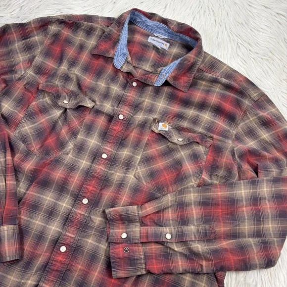 Carhartt Men's 2XL Relaxed Fit Plaid Pearl Snap Long Sleeve Shirt Western Workwe - Picture 2 of 8